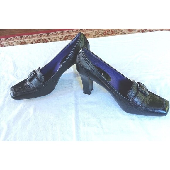 Nine & Co Pumps Desiray Black Leather 8.5 M Buckle Front Square Toe Nine West - Picture 3 of 9